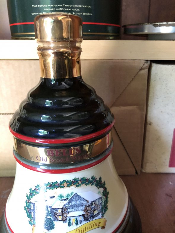 Bells 1989&1990 Christmas decanters with boxes.