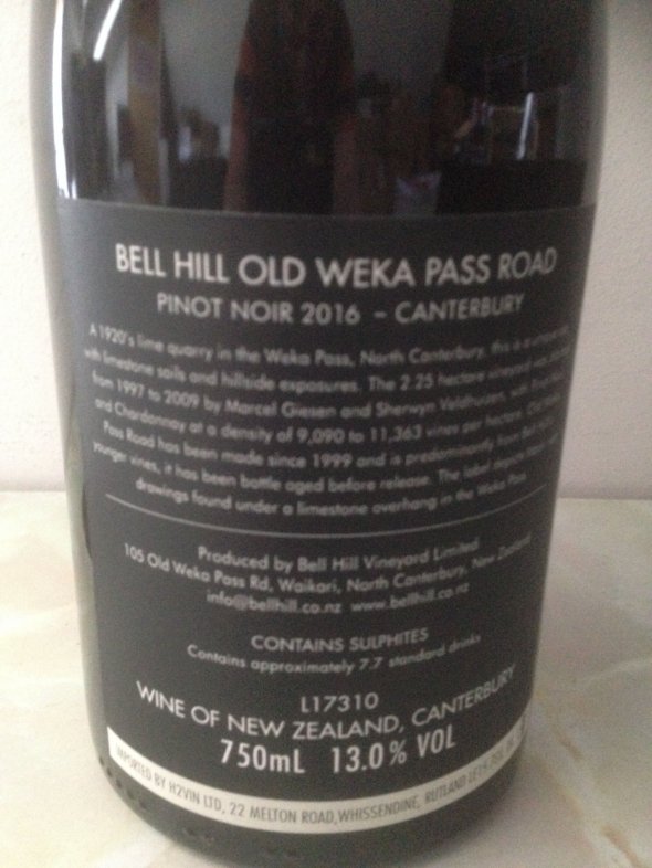 Bell Hill vineyard "Old Weka Pass" Pinot Noir, North Canterbury 2016