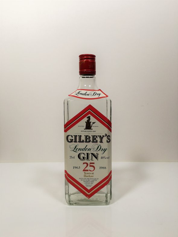 Gilbey's London Dry Gin, “25 years at Harlow 1963 – 1988” label, circa 1989