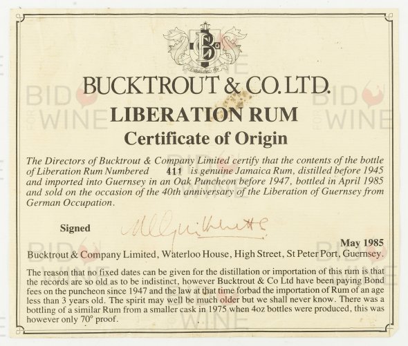 Bucktrout's of Guernsey, 40 Year Old Fine Mature Jamaican 'Liberation' Rum
