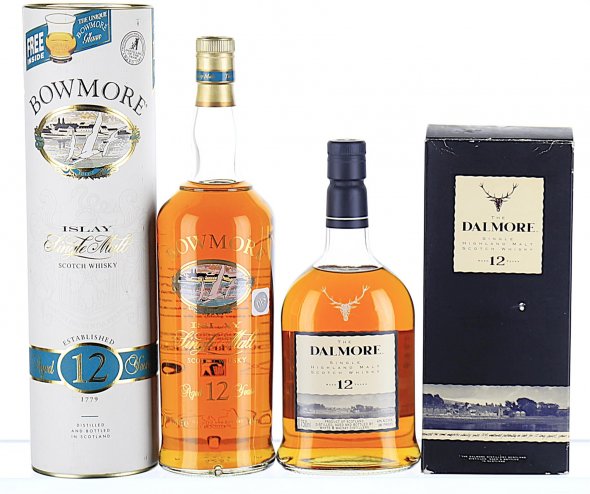 A Duo of Single Malt 12YO Whisky: Bowmore, Islay and Dalmore, Highlands - 1990s Bottling (Mixed Formats)