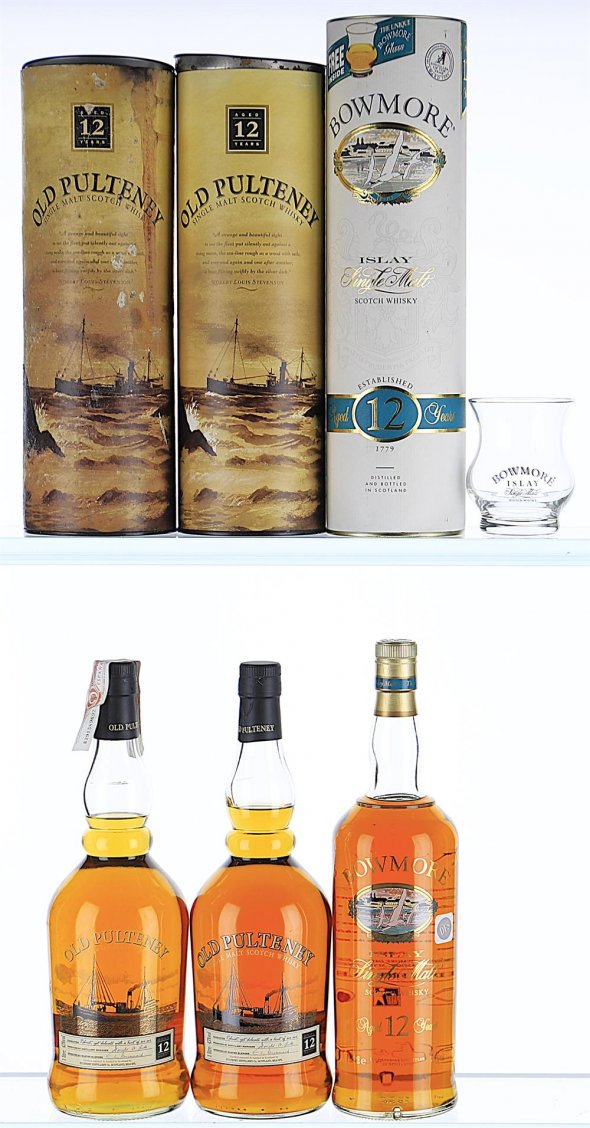 Coastal Whisky Lot of Old Pulteney and Bowmore, Single Malt 12YO - 1990s Bottling (Litres)